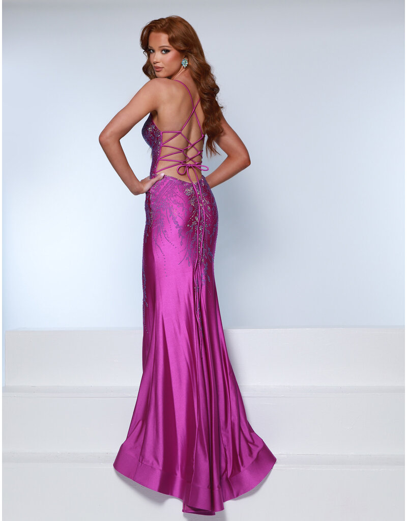 KATE PARKER Spaghetti strap open lace up back beaded fitted w/slit 26303