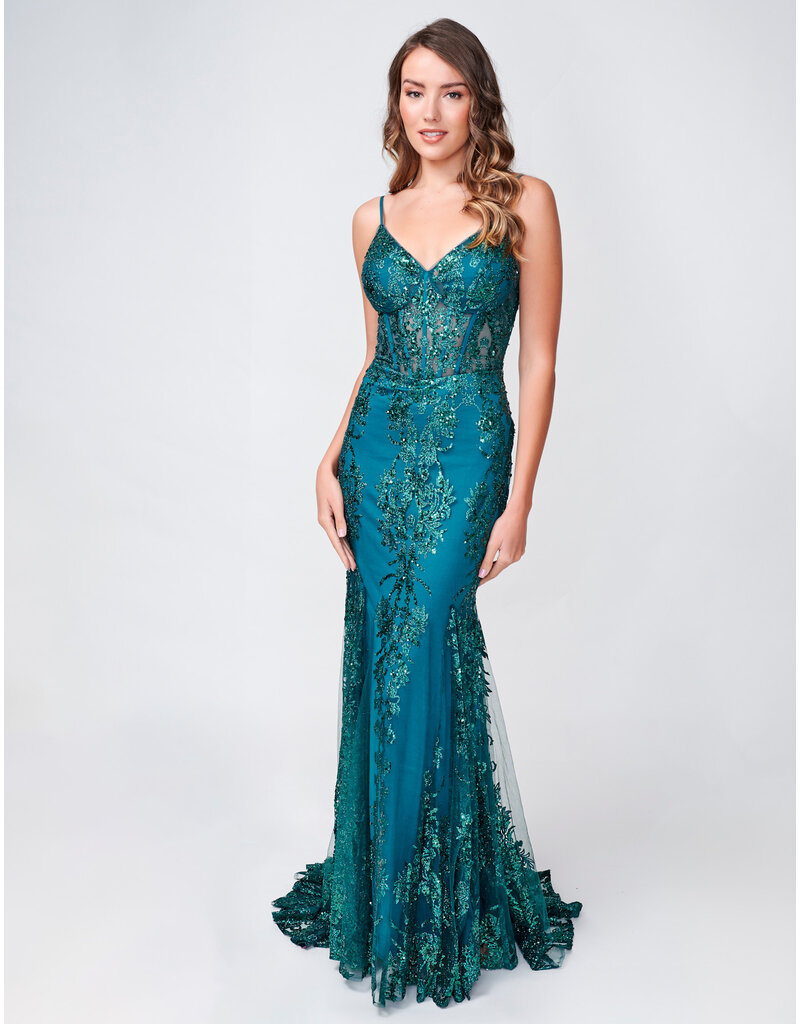 Spaghetti strap sequin corset bodice mermaid gown 1562