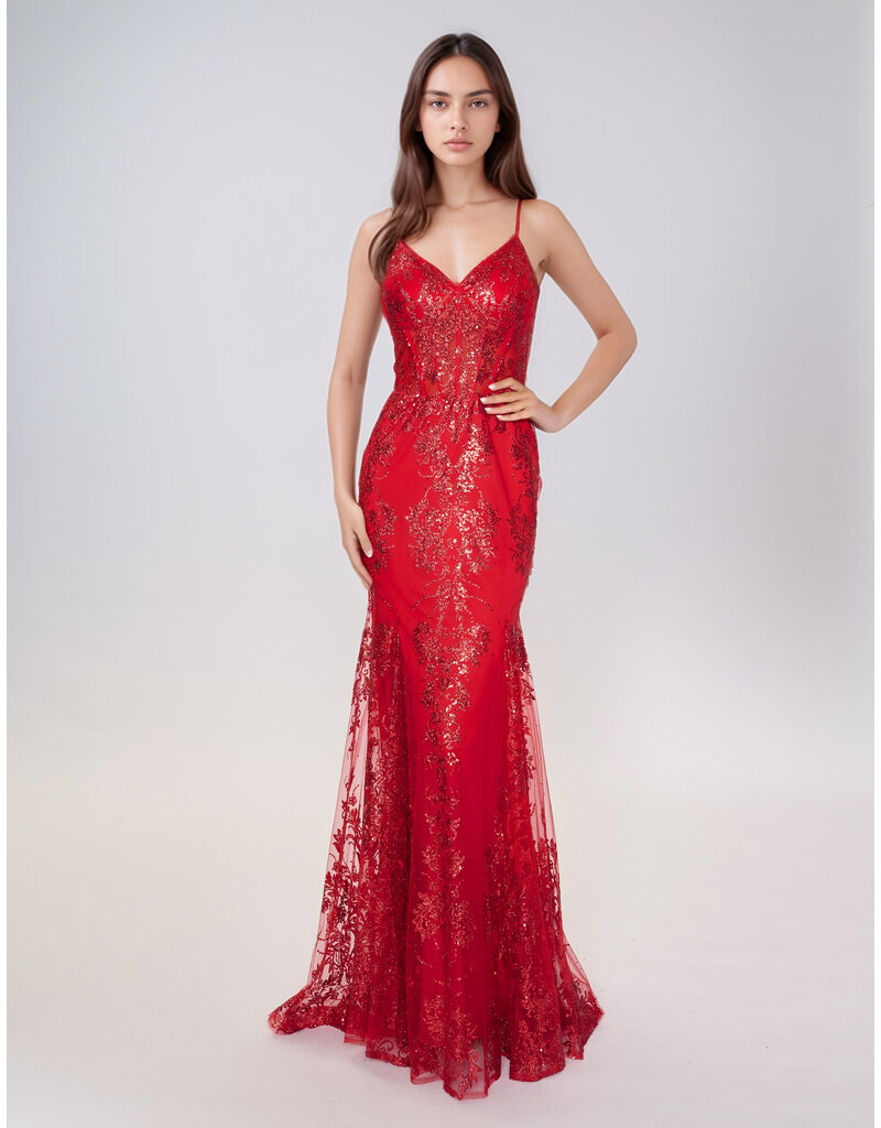 Spaghetti strap sequin corset bodice mermaid gown 1562