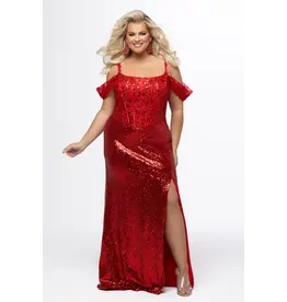 JK SYDNEYS CLOSET Fitted sequin off the shoulder lace bodice leg slit gown 2607