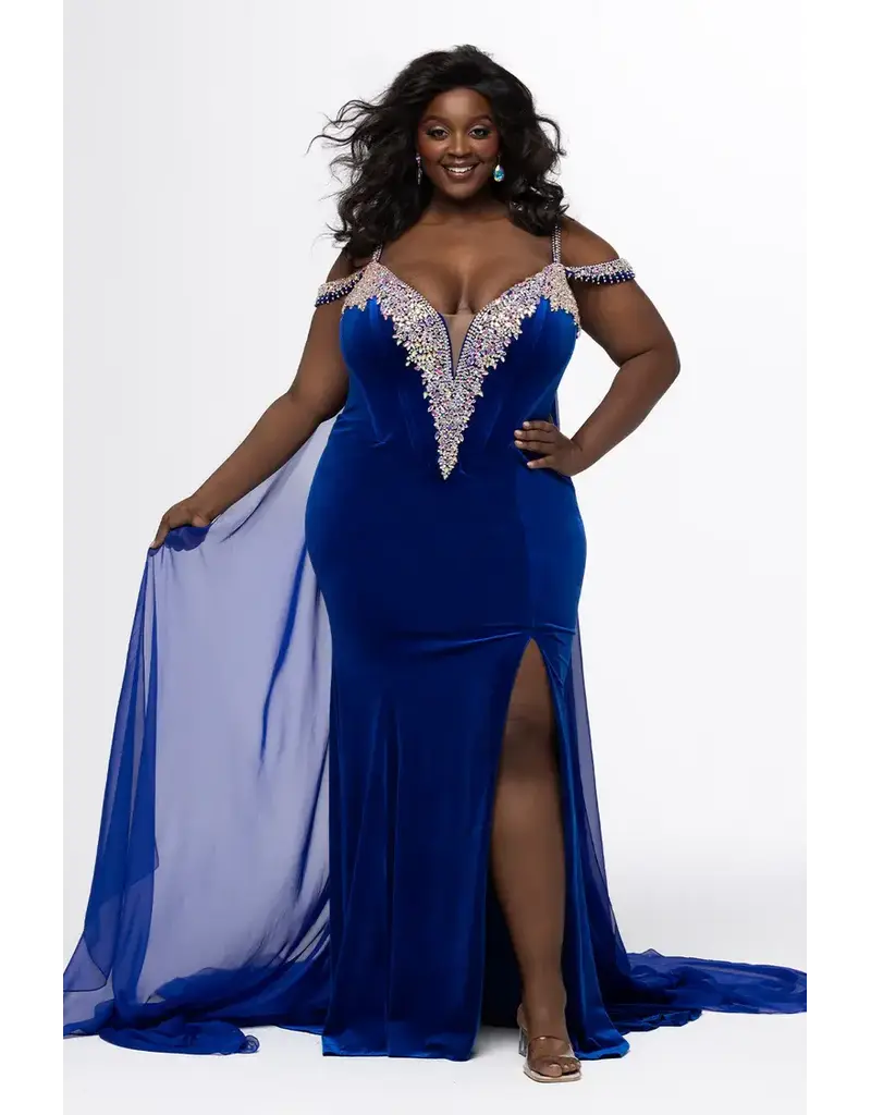 JK SYDNEYS CLOSET Velvet fitted beaded deep v-neck gown w/cape 2610