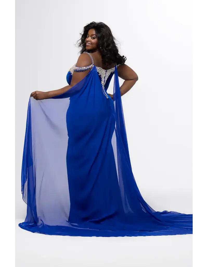 JK SYDNEYS CLOSET Velvet fitted beaded deep v-neck gown w/cape 2610