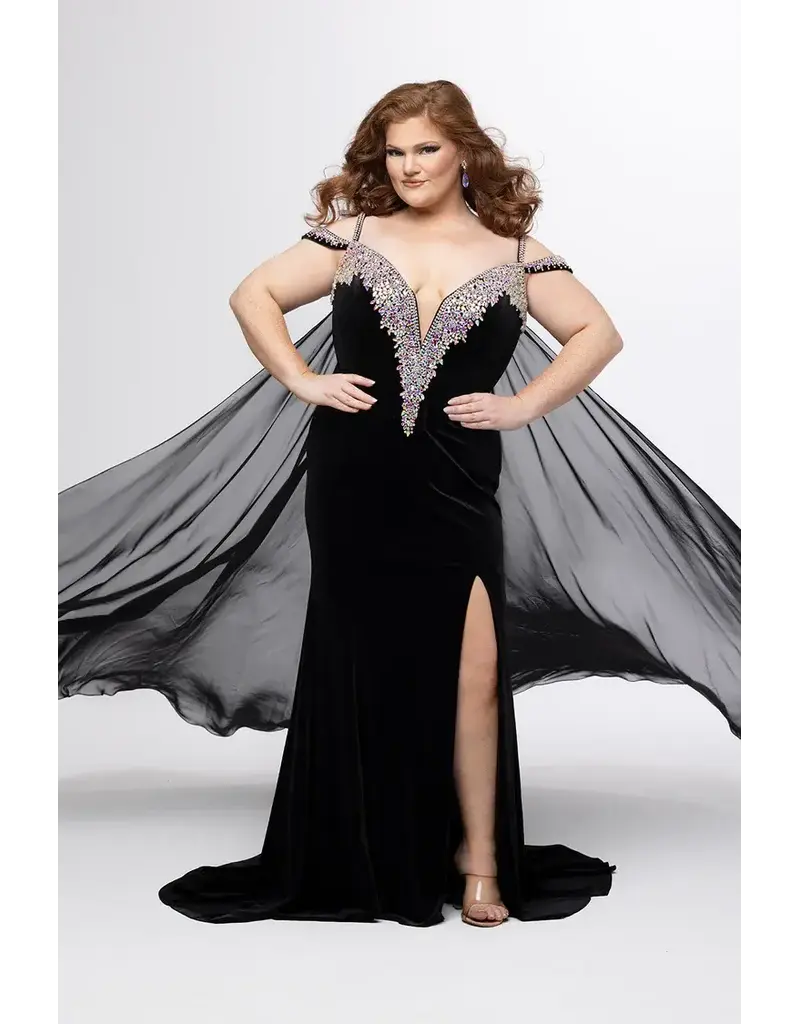 JK SYDNEYS CLOSET Velvet fitted beaded deep v-neck gown w/cape 2610