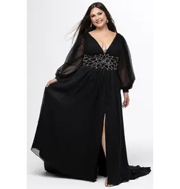 JK SYDNEYS CLOSET Long sleeve beaded waist chiffon flowy gown 2614