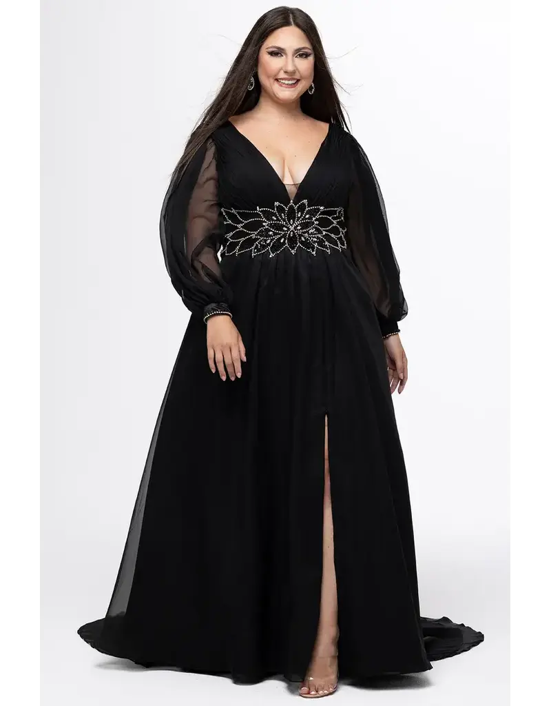 JK SYDNEYS CLOSET Long sleeve beaded waist chiffon flowy gown 2614