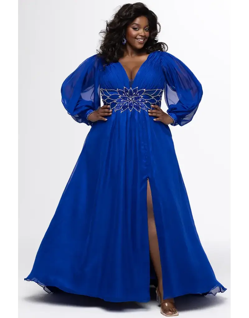 JK SYDNEYS CLOSET Long sleeve beaded waist chiffon flowy gown 2614