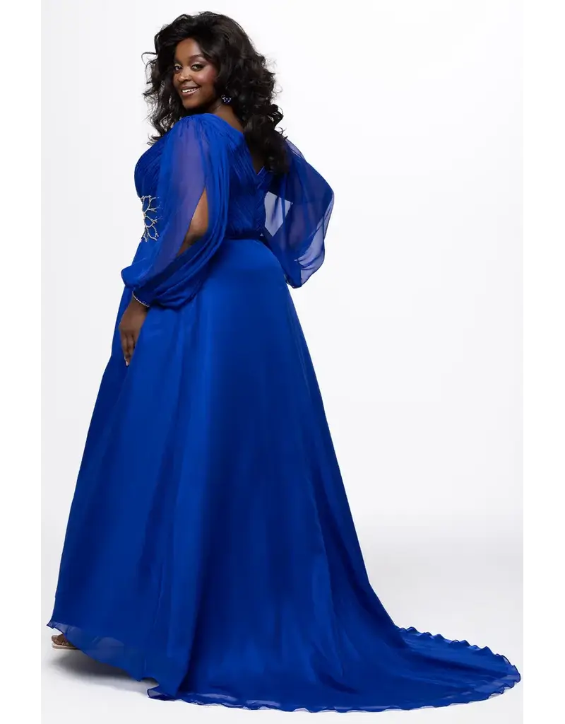 JK SYDNEYS CLOSET Long sleeve beaded waist chiffon flowy gown 2614