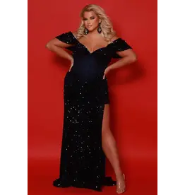 JK SYDNEYS CLOSET Sequin off the shoulder lace bodice fitted gown 2512