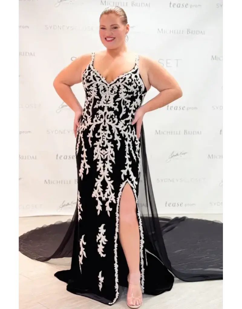 JK SYDNEYS CLOSET Lace velvet beaded fitted gown w/cape & leg slit 2617