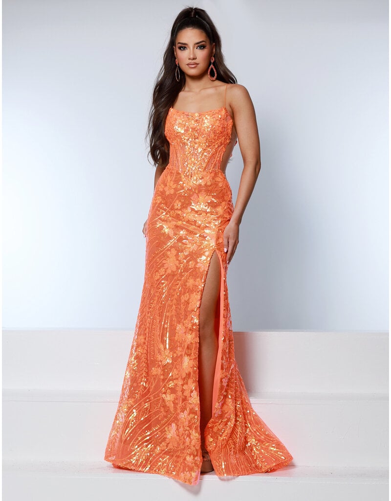 KATE PARKER Spaghetti strap sequin fit n flare w/leg slit 26266