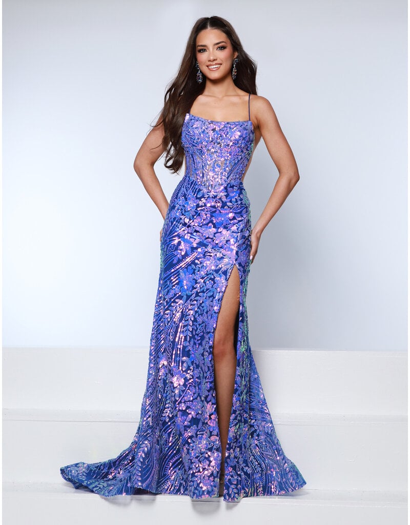 KATE PARKER Spaghetti strap sequin fit n flare w/leg slit 26266