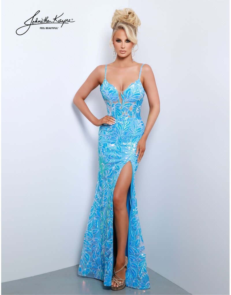 Flower sequin fitted gown w/slit 2837