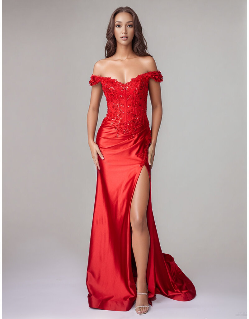 Off the shoulder beaded corset bodice fitted gown 922609