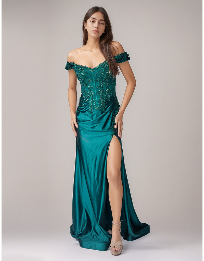 Off the shoulder beaded corset bodice fitted gown 922609