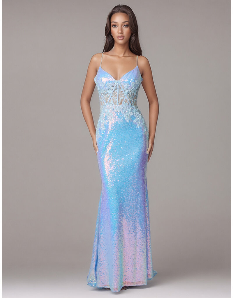 Spaghetti strap sequin fitted open back gown 832604