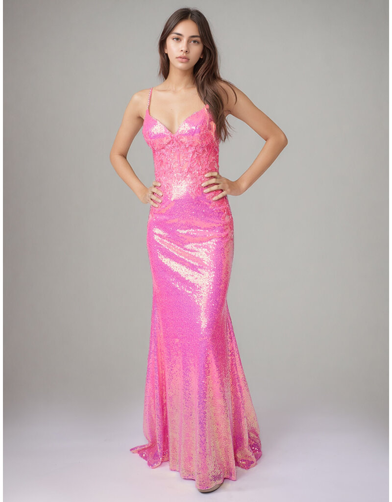 Spaghetti strap sequin fitted open back gown 832604