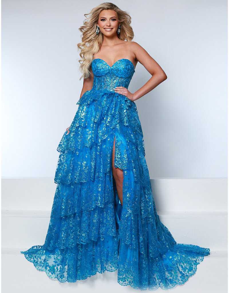 KATE PARKER Strapless sequin ruffle a-line w/slit 26308