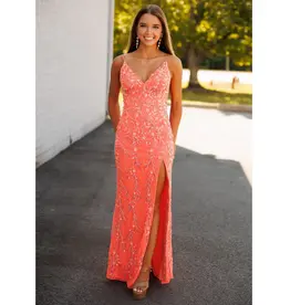 PAUL REKHI Beaded floral v-neck fitted gown w/slit 1019