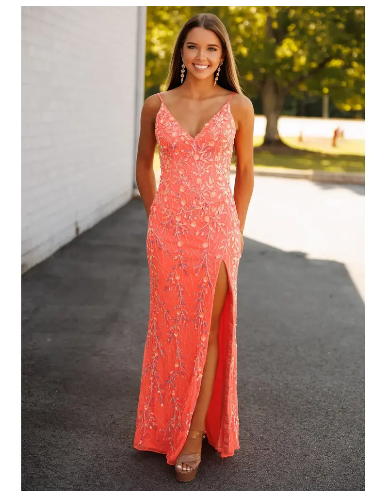 PAUL REKHI Beaded floral v-neck fitted gown w/slit 1019