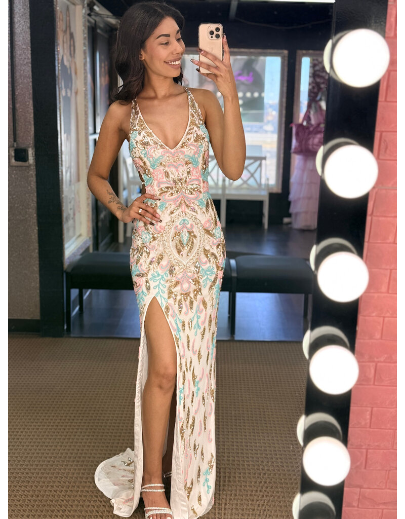 PAUL REKHI Spaghetti strap multi beaded open lace up back 1012