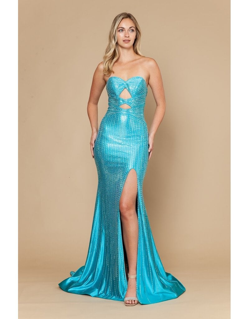 Strapless beaded cut out fitted gown w/slit 2526140