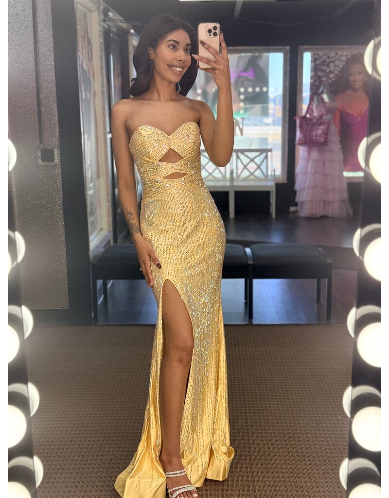 Strapless beaded cut out fitted gown w/slit 2526140
