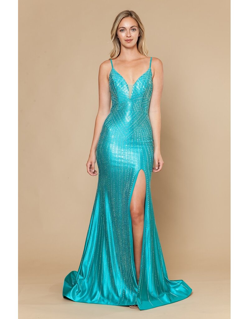 Spaghetti strap beaded deep v-neck gown w/leg slit 2526150