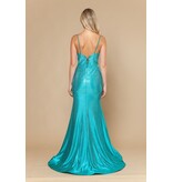 Spaghetti strap beaded deep v-neck gown w/leg slit 2526150