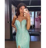 Strapless deep v-neck beaded fitted gown w/slit 2526154