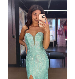 Strapless deep v-neck beaded fitted gown w/slit 2526154