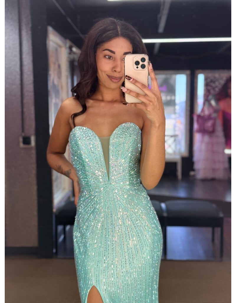 Strapless deep v-neck beaded fitted gown w/slit 2526154