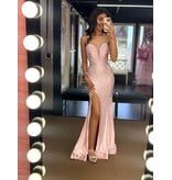 Strapless deep v-neck beaded fitted gown w/slit 2526154