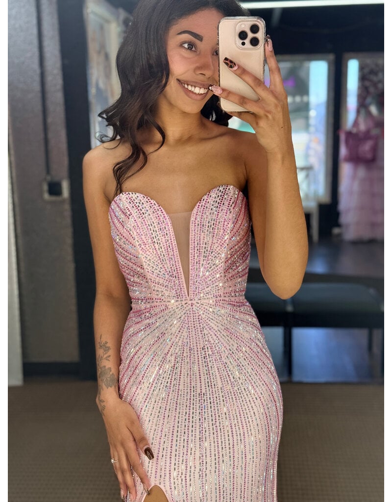 Strapless deep v-neck beaded fitted gown w/slit 2526154