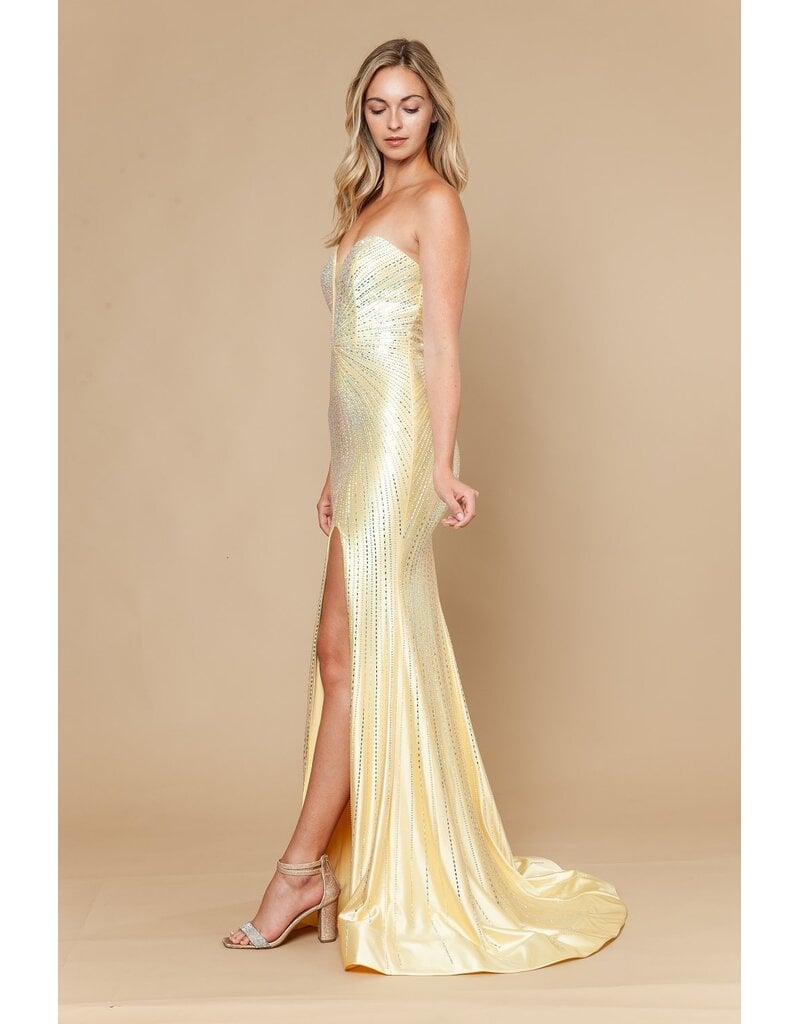 Strapless deep v-neck beaded fitted gown w/slit 2526154