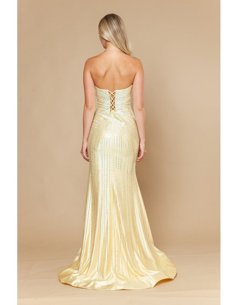 Strapless deep v-neck beaded fitted gown w/slit 2526154