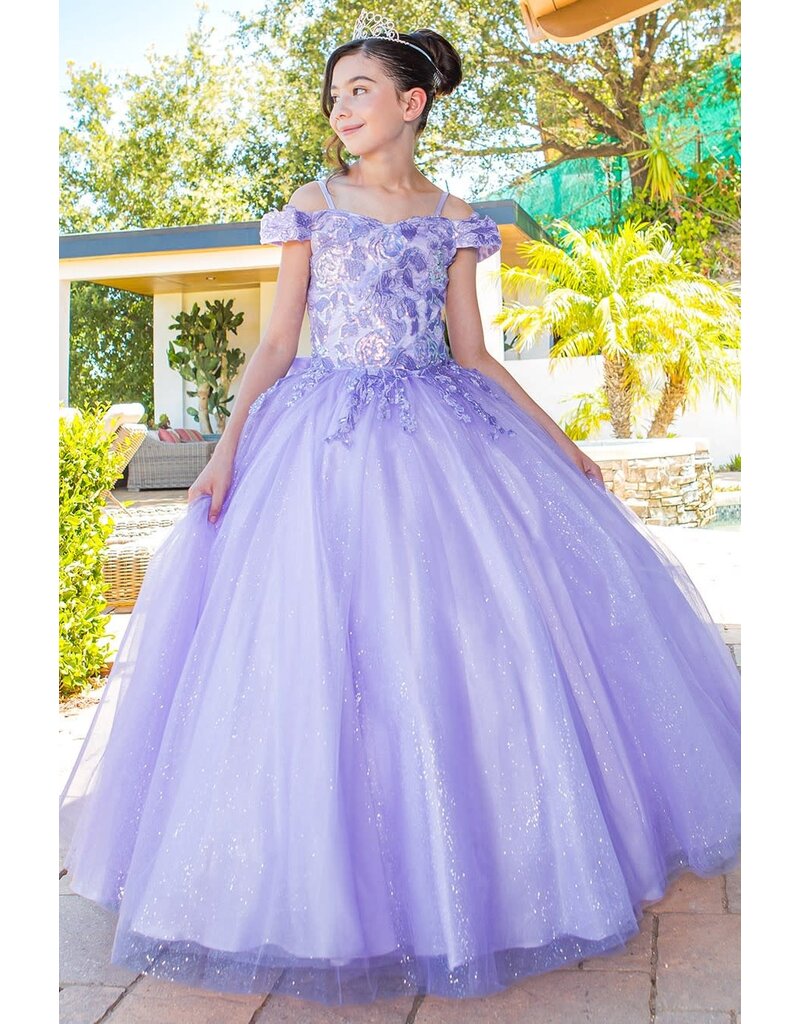 Sequined top tulle bottom long gown 8062