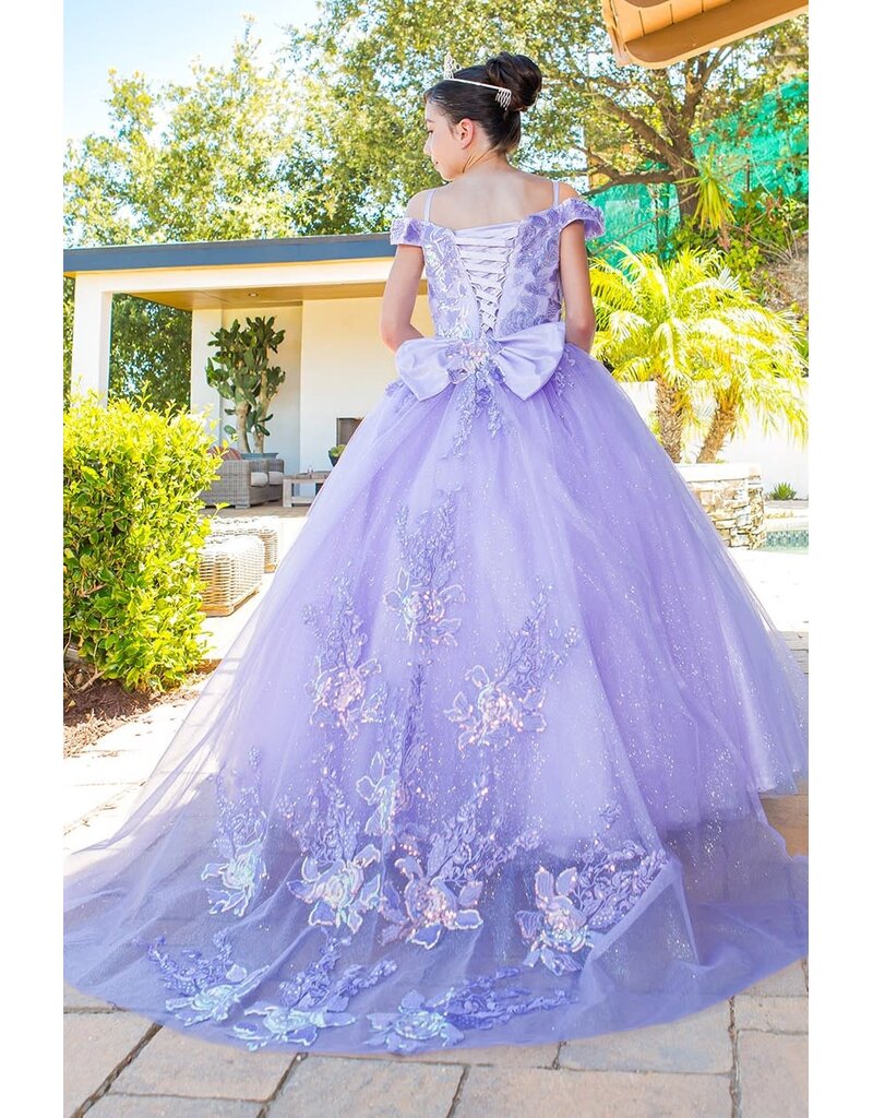 Sequined top tulle bottom long gown 8062