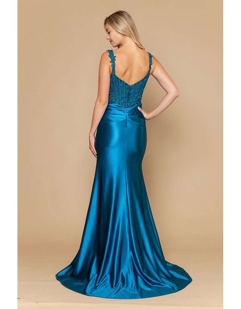 Lace beaded tank fitted rouched gown w/slit 2526160