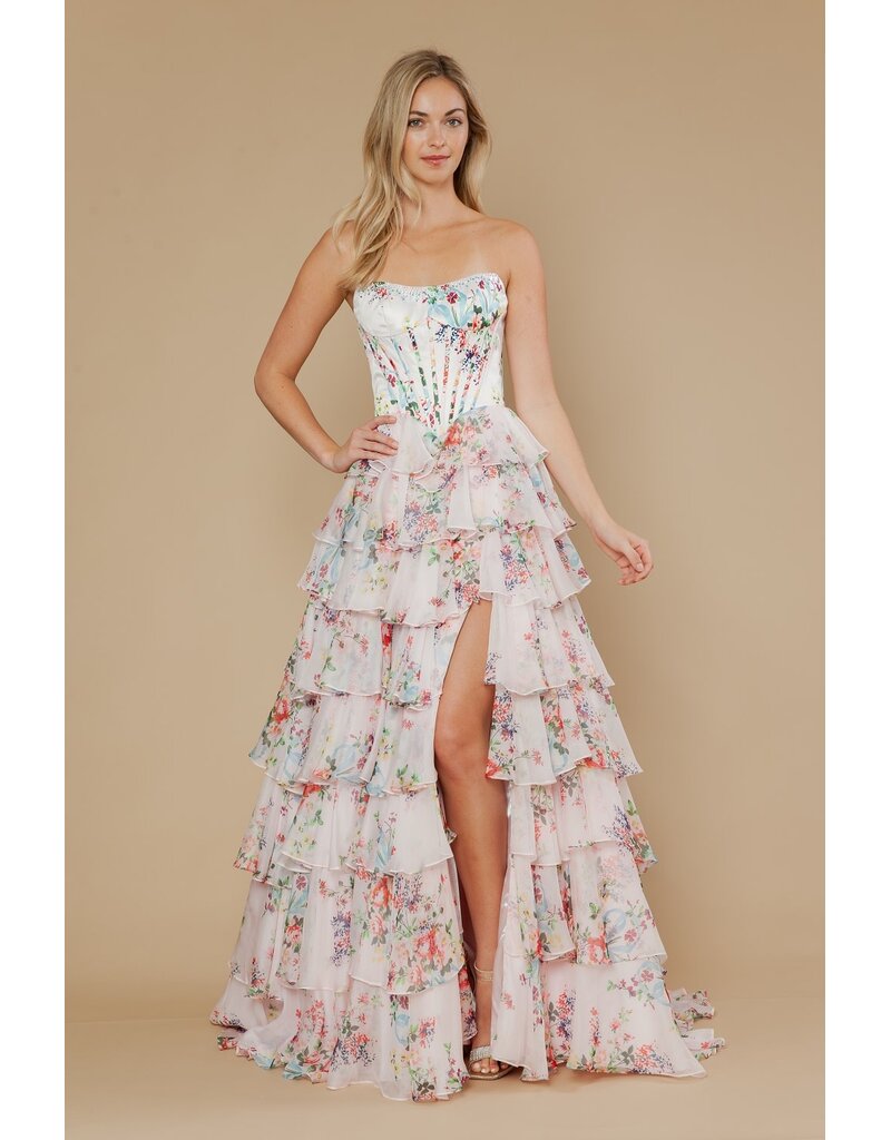 Strapless corset chiffon print ruffle 2526180