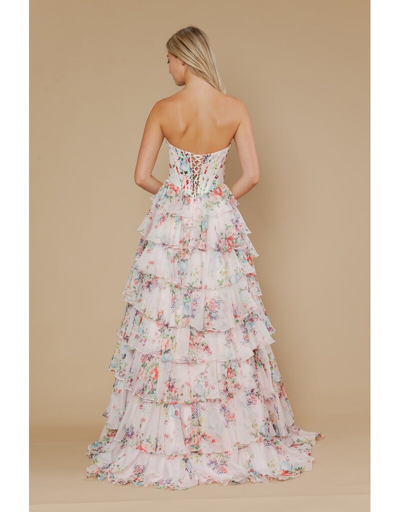 Strapless corset chiffon print ruffle 2526180