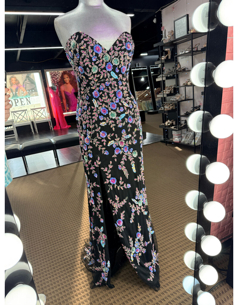 PAUL REKHI Strapless sweatheart neck fitted gown w/slit 1028