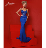 Beaded fitted gown w/spaghetti strap corset bodice