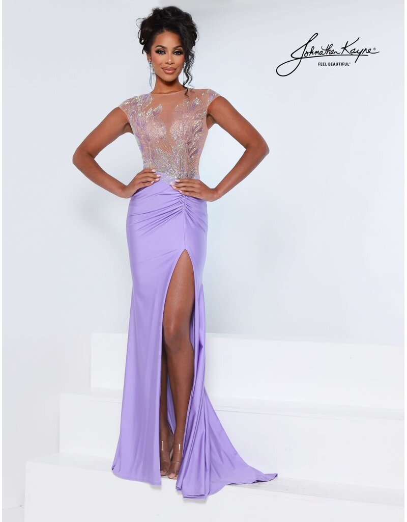 Fitted, beaded bodice, keyhole back, jersey with slit 3220