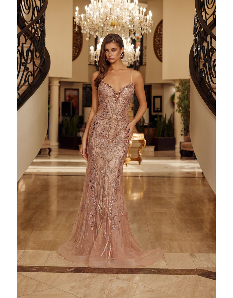 Spaghetti strap glitter tulle fitted beaded corset C126849