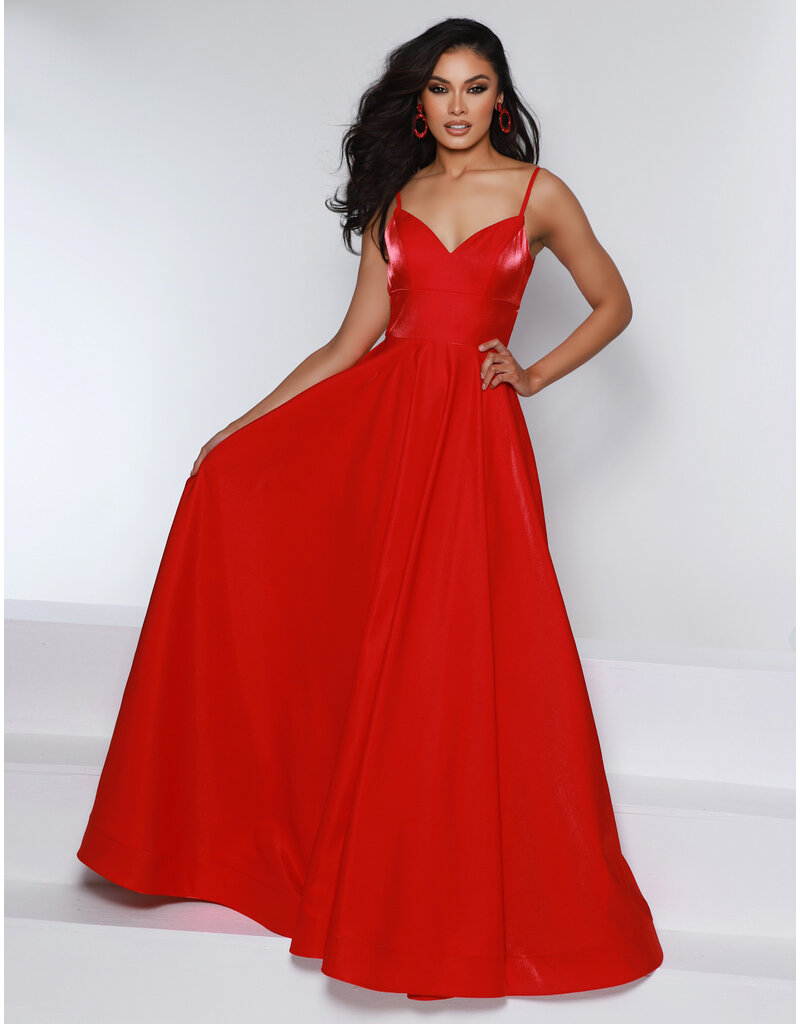 KATE PARKER Spaghetti strap shimmer satin a-line criss cross back 25942