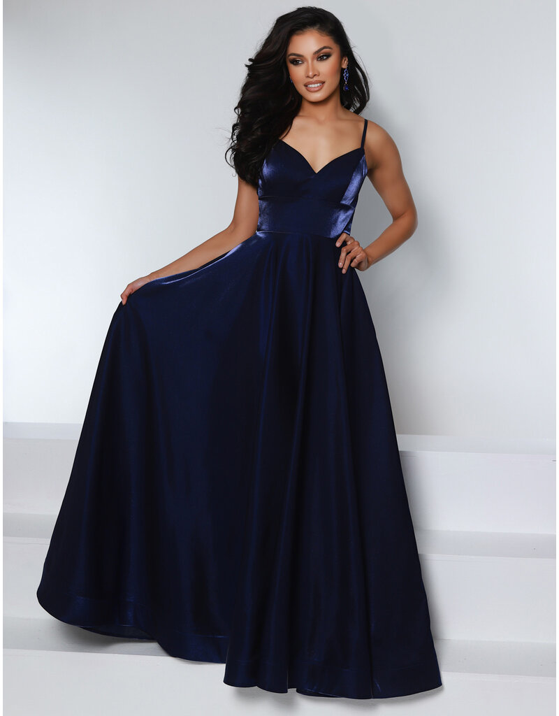 KATE PARKER Spaghetti strap shimmer satin a-line criss cross back 25942