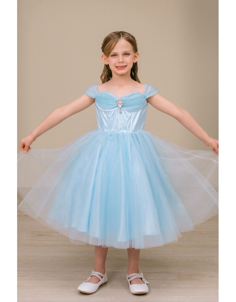 Off the shoulder corset bodice tea-length gown 8341