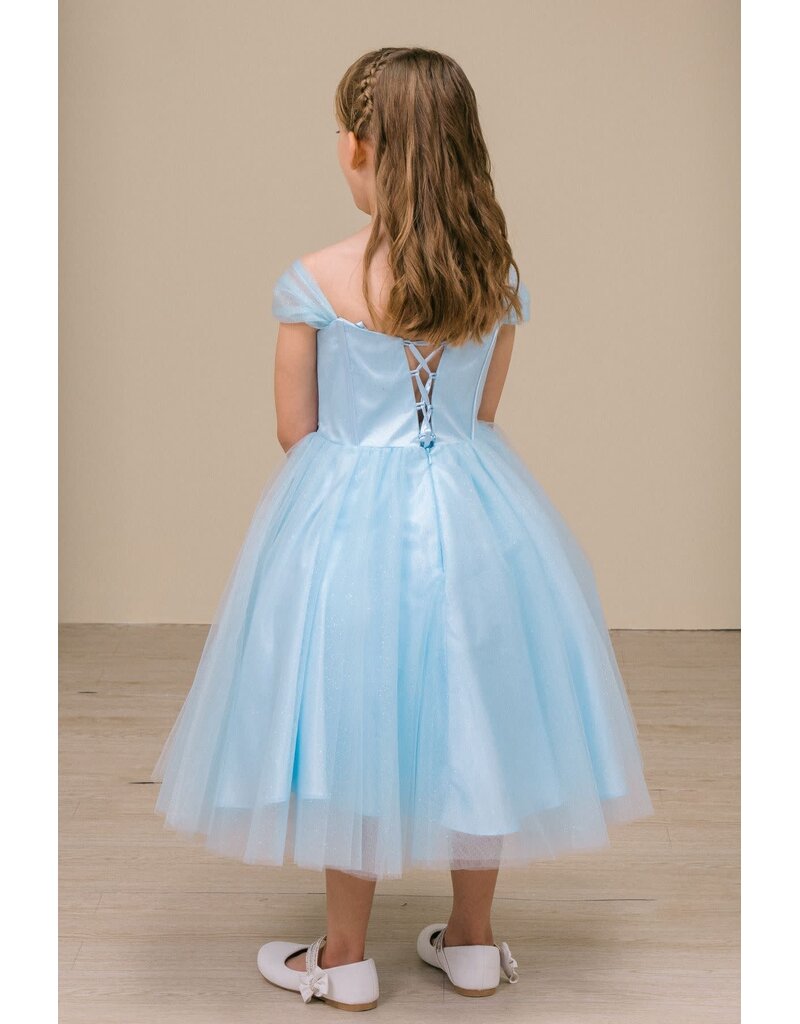 Off the shoulder corset bodice tea-length gown 8341