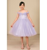 Off the shoulder corset bodice tea-length gown 8341