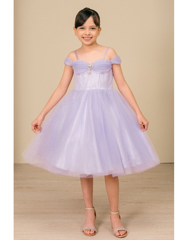 Off the shoulder corset bodice tea-length gown 8341